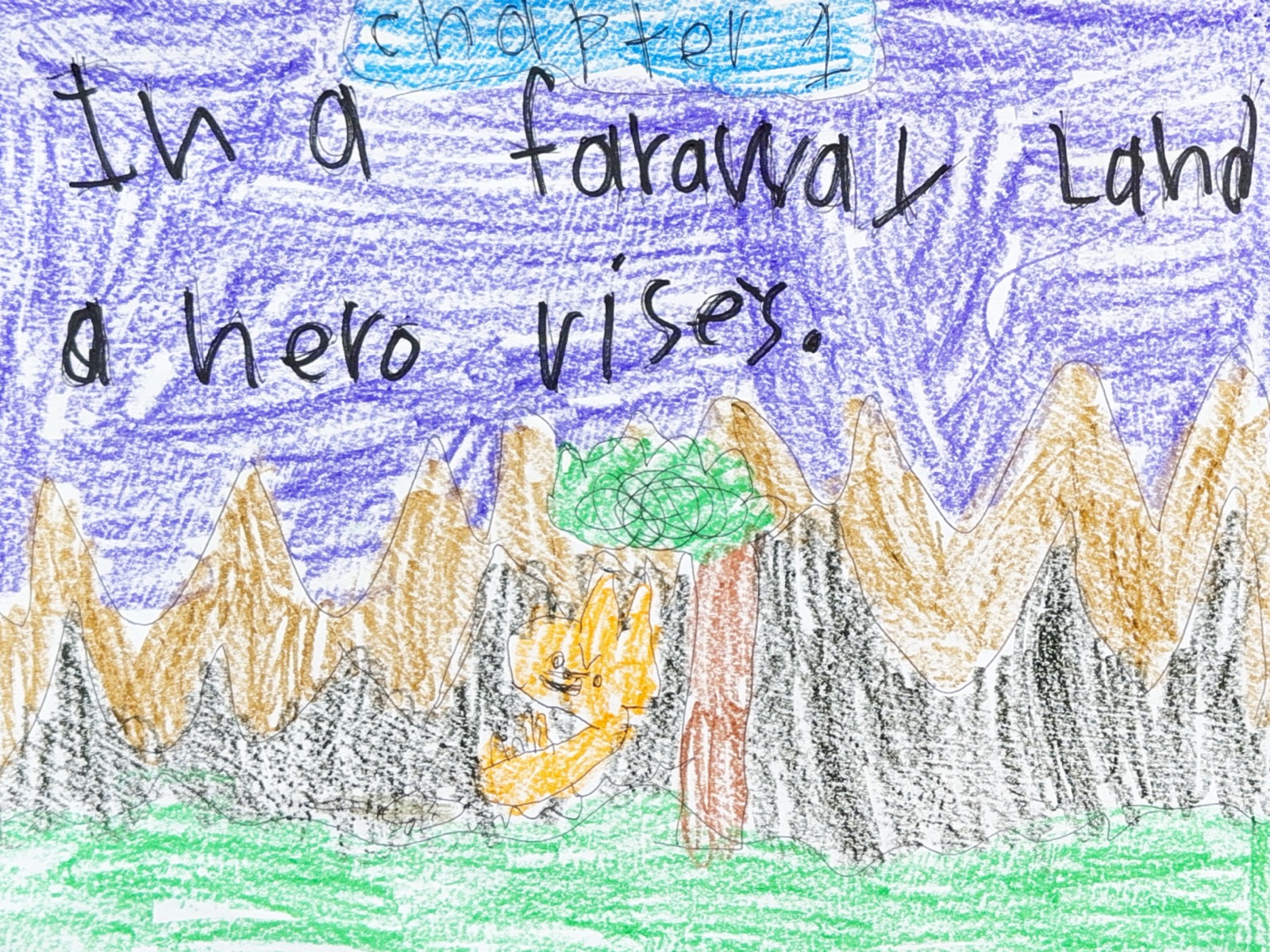 Chapter 1. The fox stands in a forest between tall mountains under a purple sky.